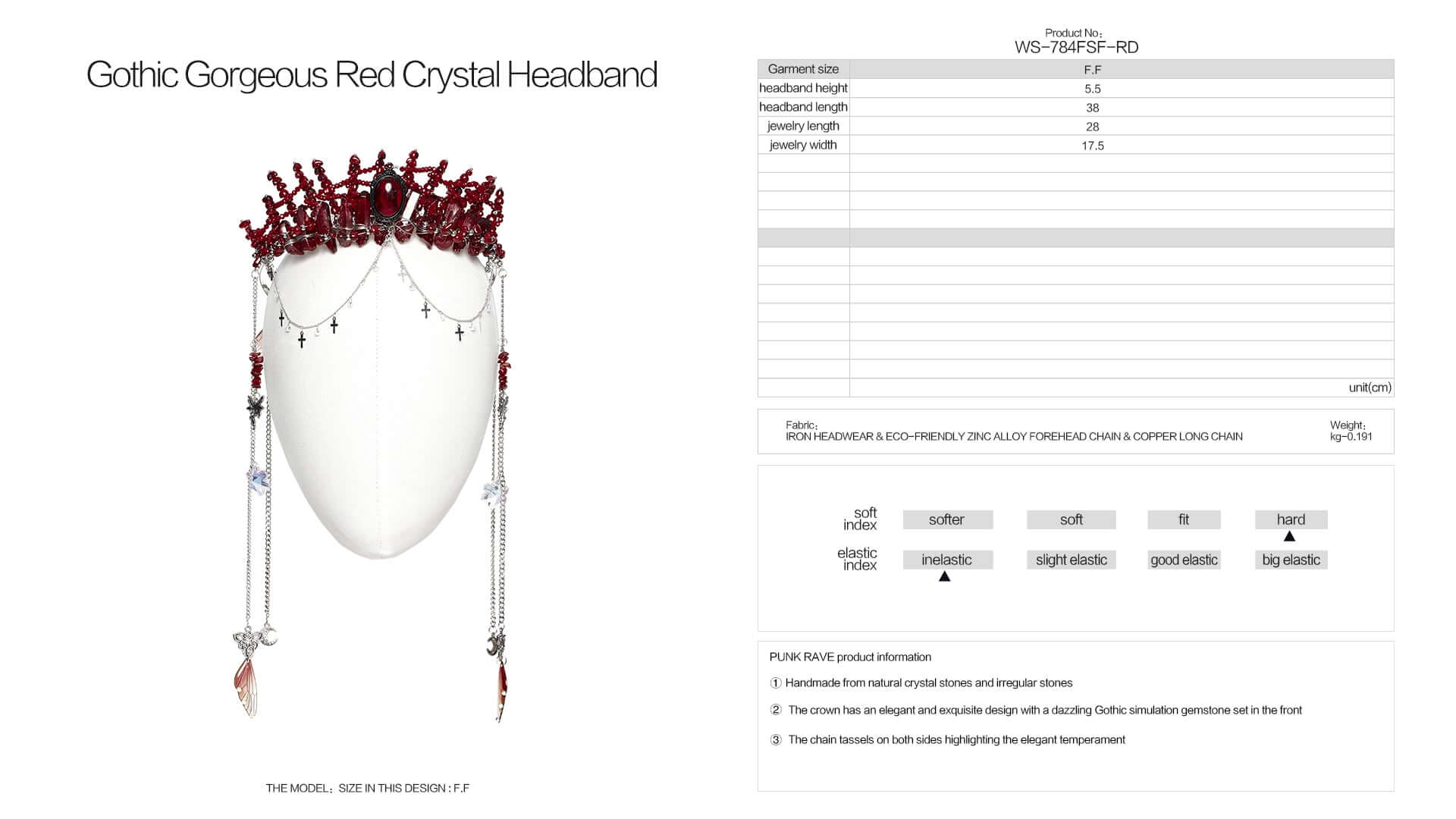 The Punk Rave Effie Headband displayed against a dark backdrop, highlighting the bright red crystals and striking gothic elements for dramatic effect.