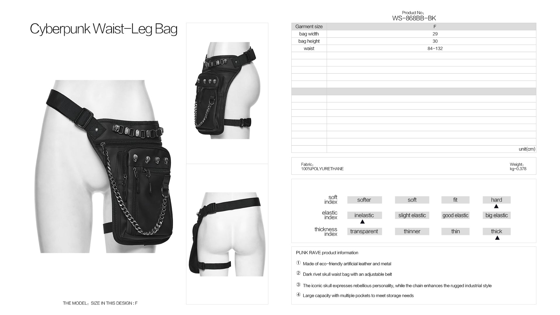 Full view of the Punk Rave Cyberpunk Waist-Leg Bag on a model, emphasising its dark industrial aesthetic that pairs with any festival or urban outfit.