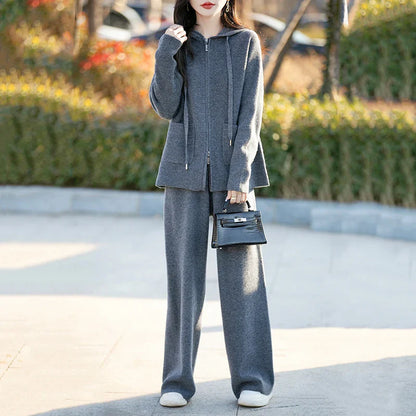 Luxurious 100% Merino Wool Women's Crewneck Hooded Cardigan in a relaxed fit, perfect for casual autumn and winter wear.