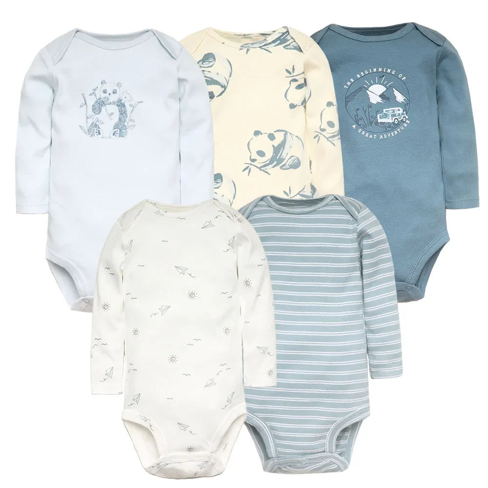 Luxury 5-piece baby boy bodysuit set crafted from soft 100% cotton featuring charming cartoon designs for infants aged 0-1 year.