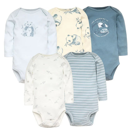 Luxury 5-piece baby boy bodysuit set crafted from soft 100% cotton featuring charming cartoon designs for infants aged 0-1 year.