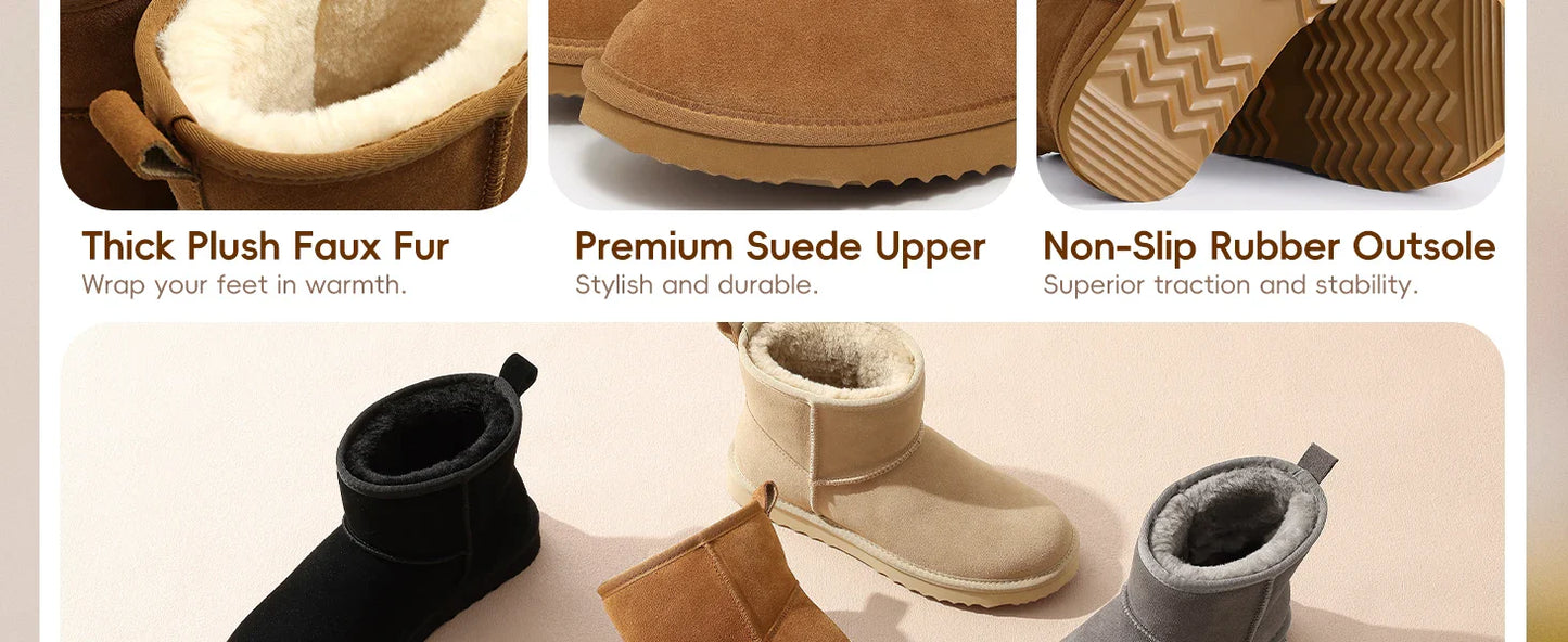 Elegant women's plush suede ankle snow boots featuring a stylish slip-on design, perfect for sophisticated winter occasions.