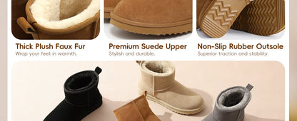 Elegant women's plush suede ankle snow boots featuring a stylish slip-on design, perfect for sophisticated winter occasions.