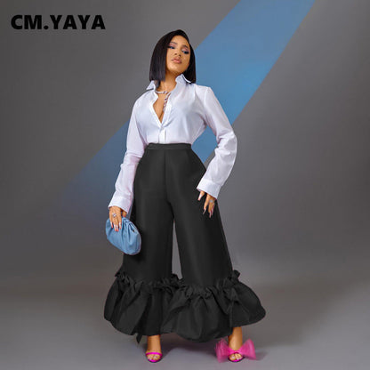 Stylish display of CM.YAYA Women’s Elegant Ruffle Hem High Waist Wide Leg Flare Pants in Summer Rose Red, perfect for summer outings.