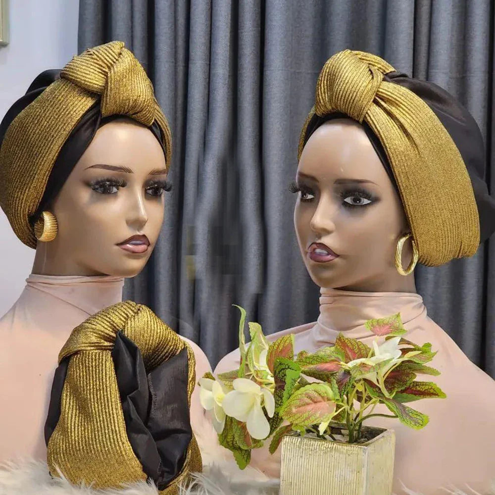 Luxurious Women's Turban Cap adorned with Glitter Knot, perfect African Gele Headtie for elegant styling, designed for head circumference of 56-58cm, ideal for all seasons, made from high-quality broadcloth polyester.