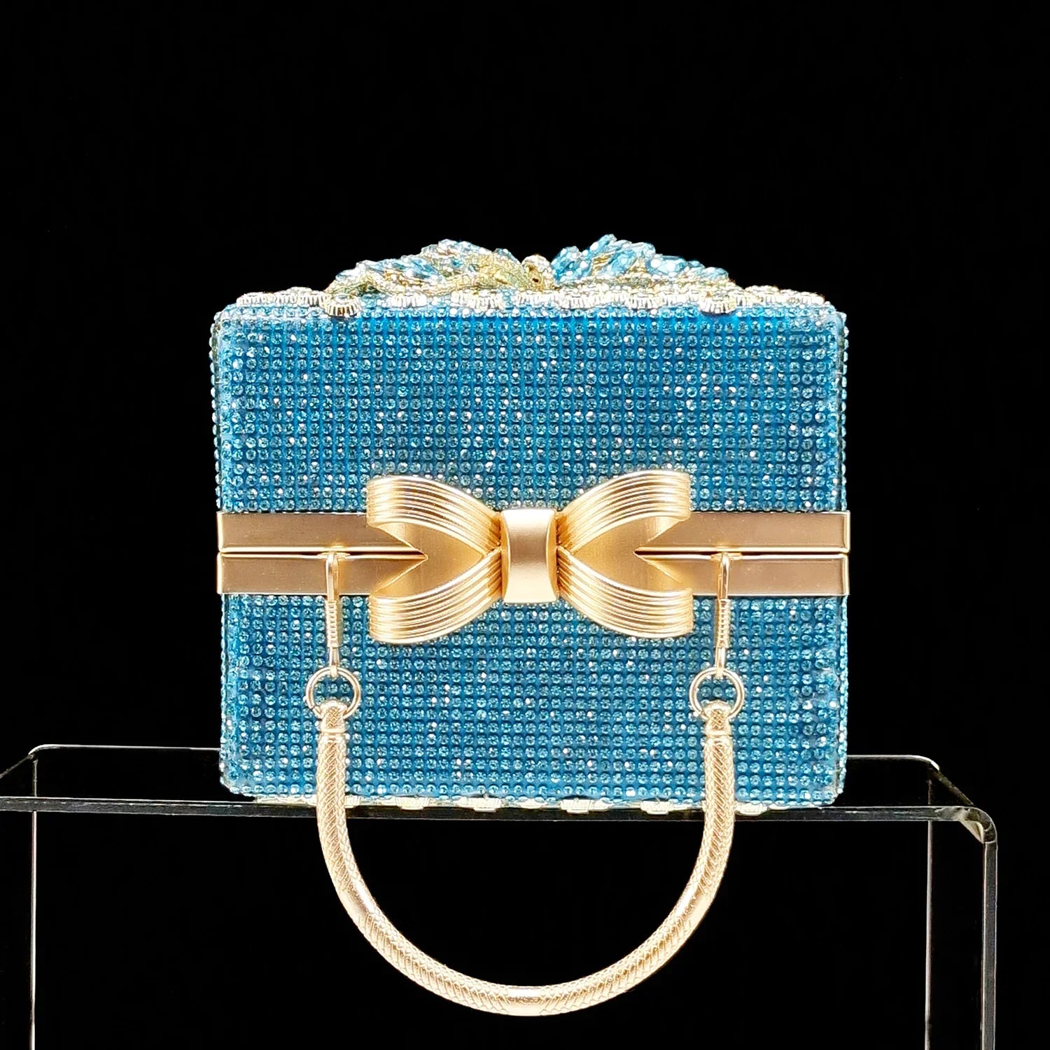 Elegant QSGFC sky blue Italian design high heel clutch pumps adorned with full diamonds, showcasing a luxurious style, perfect for glamorous occasions.