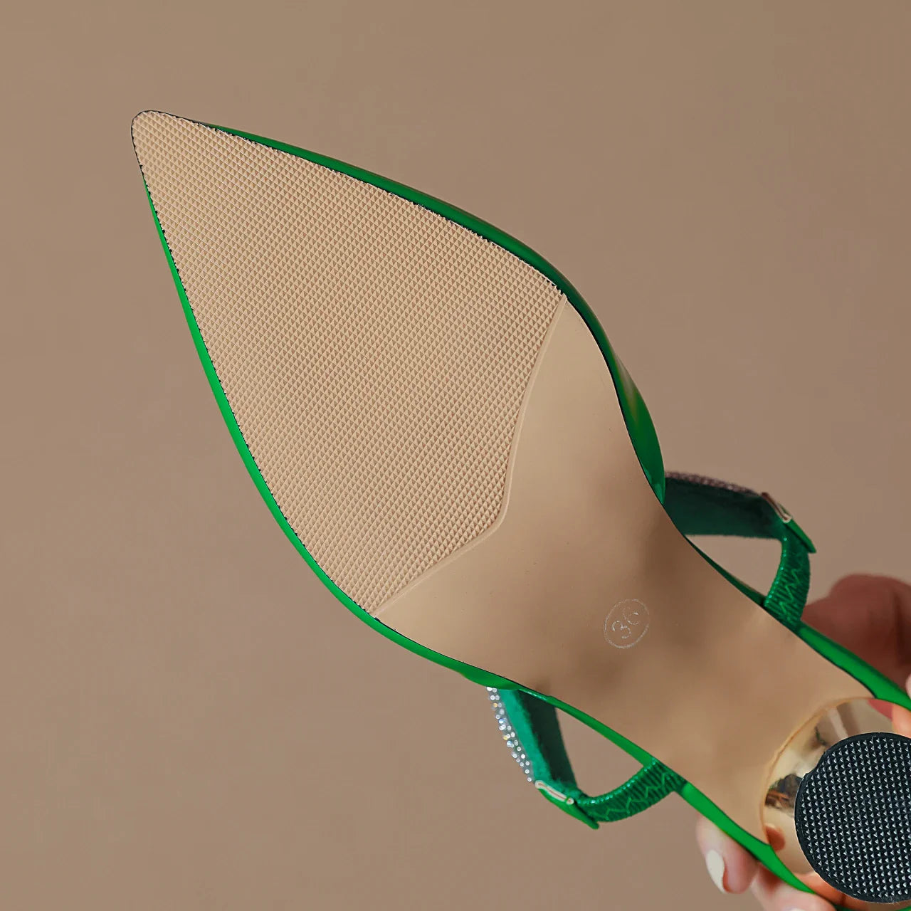 High heel women's sandals with a unique pointed design and sparkling crystals, ideal for enhancing summer outfits.