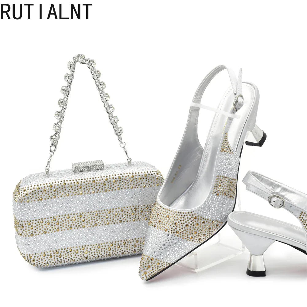 Elegant luxurious Italian designer women's shoes with crystal embellishments, showcasing a sophisticated silver colour.