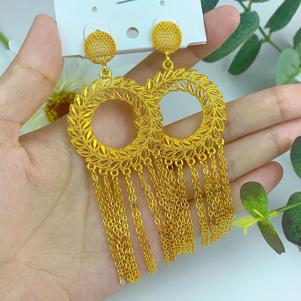 Elegant African Lady Design 24K Gold Plated Tassel Drop Earrings for Women, showcasing intricate Bohemian style, perfect for adding luxury to wedding outfits.
