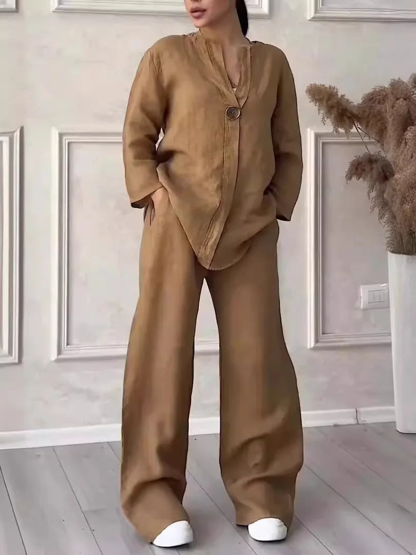 Luxury Cotton Linen 2-Piece Set displayed on hanger, highlighting the premium quality fabric and elegant style, perfect for casual summer outings.