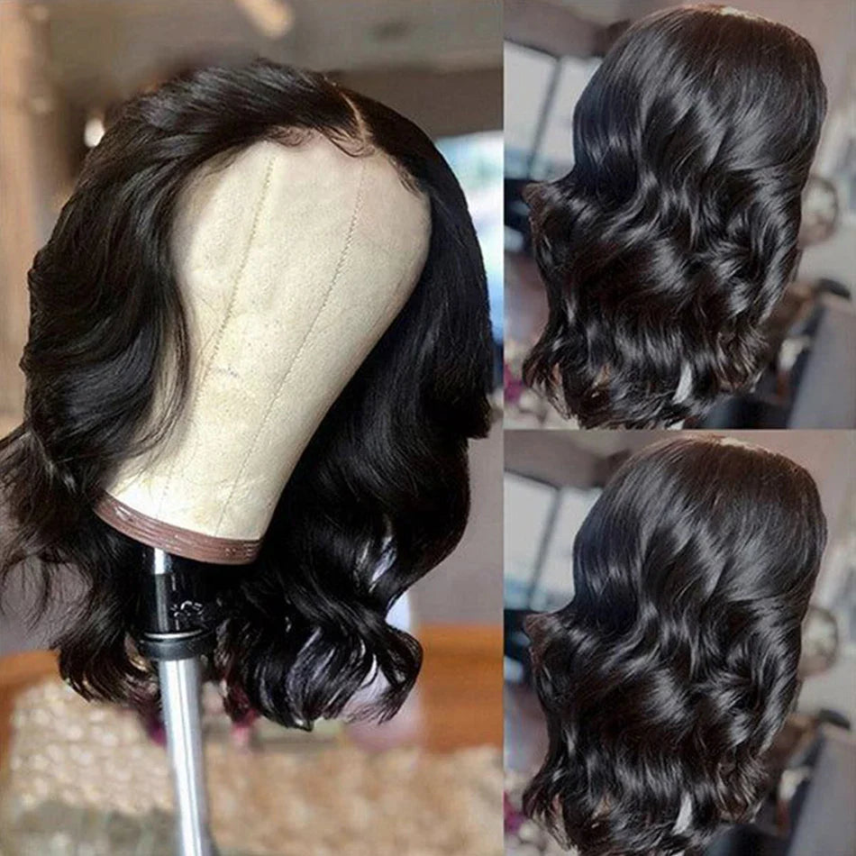 Close-up of the luxurious 13x4 Short Body Wave Lace Frontal Bob Wig, highlighting the 200% density and soft, silky Brazilian Remy human hair.
