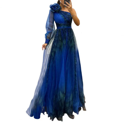 Elegant Women's One Shoulder Pleated A-Line Evening Dress in Chiffon with Slit and Long Sleeves, perfect for luxury evening occasions.