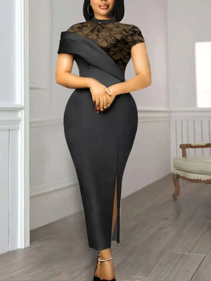 Sophisticated turtleneck black dress for women, adorned with intricate lace patchwork and a flattering bodycon silhouette, perfect for evening events and formal occasions, sizes ranging from S to 4XL.