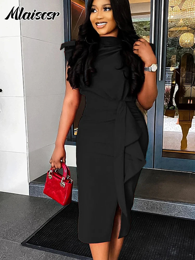 Mlaiscsr blue African dress for women in polyester, featuring a ruffled O-neck and short sleeves, perfect for evening clubwear.