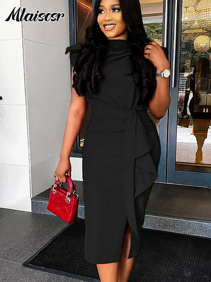 Mlaiscsr blue African dress for women in polyester, featuring a ruffled O-neck and short sleeves, perfect for evening clubwear.