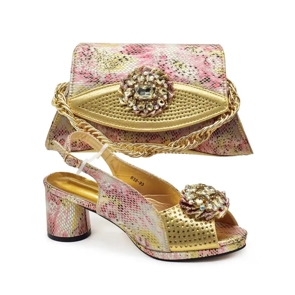 Elegant women's Italian matching set featuring luxurious rhinestone-decorated high heels and stylish handbag, available in sizes 38-43.