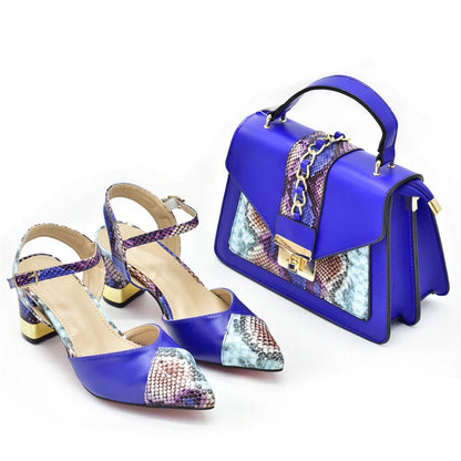 Exquisite women's high heel shoe and matching bag set showcasing rich colours and crystal detailing, ideal for parties and weddings.