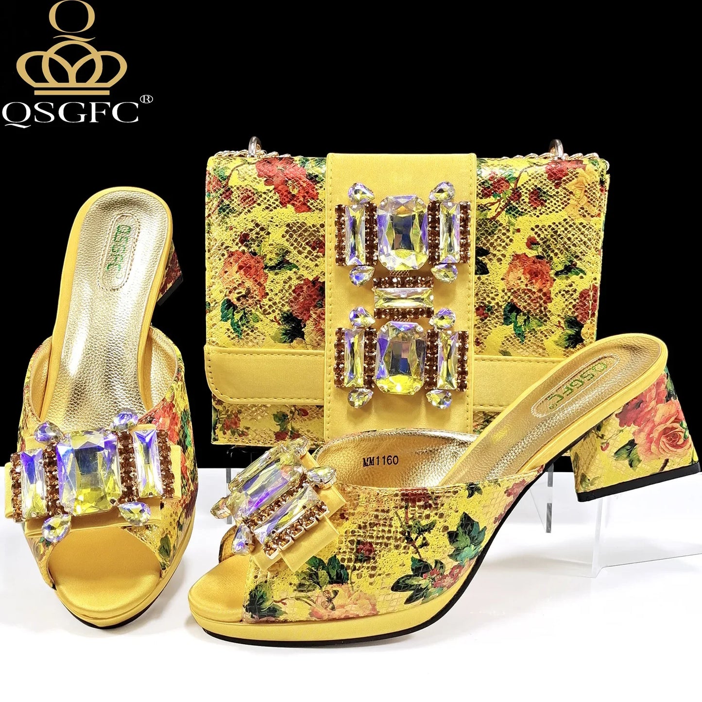 Elegant purple peep toe sandals with luxurious rhinestone embellishments, designed by QSGFC, ideal for women seeking fashionable slip-on heels.