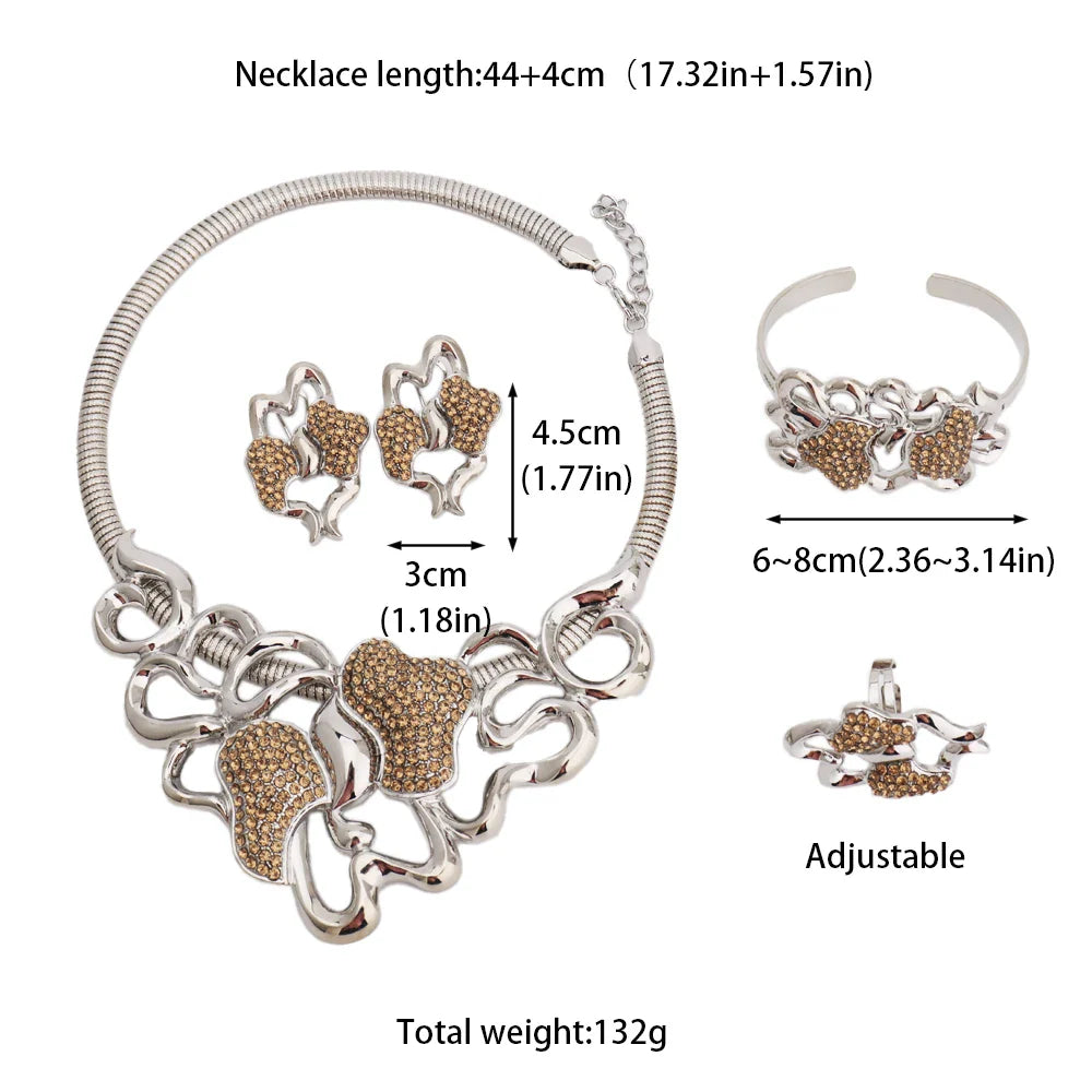 Complete 4-piece Dubai gold plated jewelry set for women featuring a necklace, earrings, bracelet, and ring, perfect for upscale events.