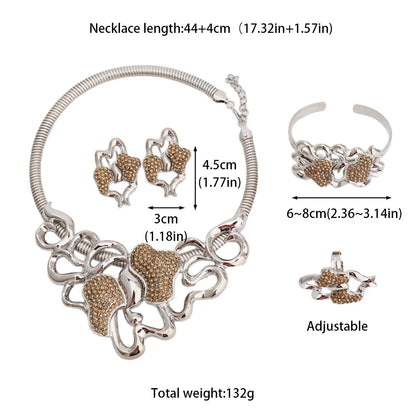 Complete 4-piece Dubai gold plated jewelry set for women featuring a necklace, earrings, bracelet, and ring, perfect for upscale events.