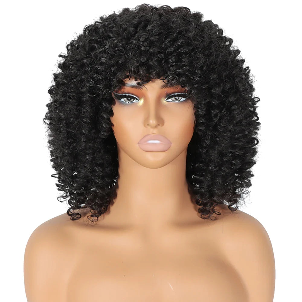 Close-up of a high-quality short Afro curly blonde wig with bangs, showcasing the exquisite texture and natural appearance.