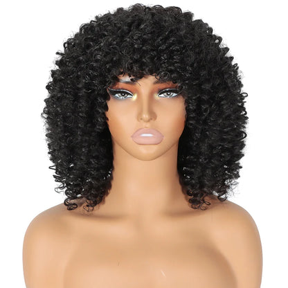 Close-up of a high-quality short Afro curly blonde wig with bangs, showcasing the exquisite texture and natural appearance.