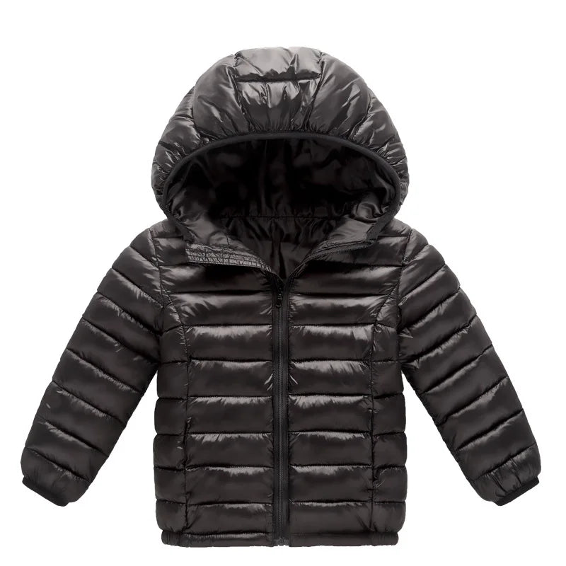 Elegant black and white design of the unisex kids' winter jacket, showcasing the premium woolen fabric ideal for chilly days.