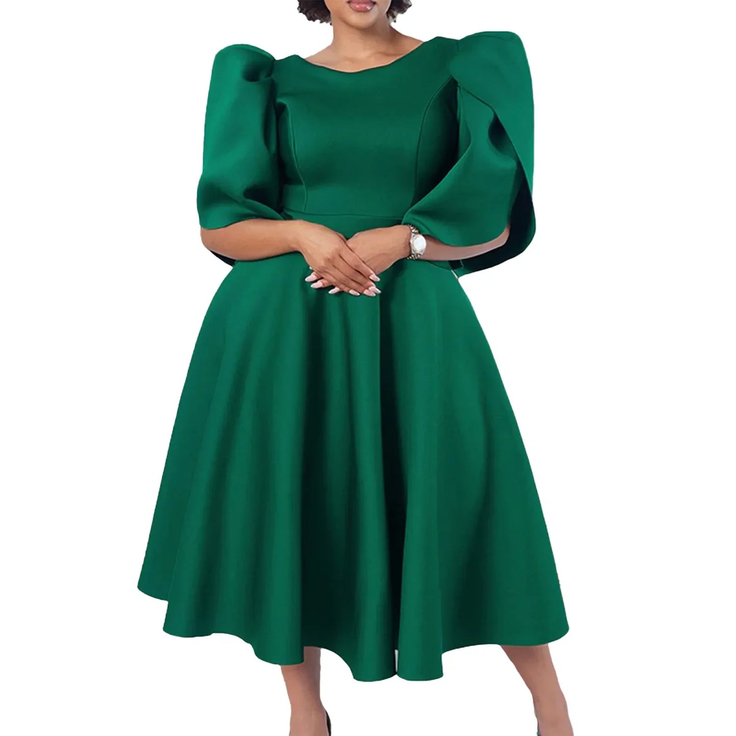 Elegant women's luxury pleated mid-calf dress in soft polyester with a round neck and half sleeves, perfect for all seasons, ideal for middle-aged women.