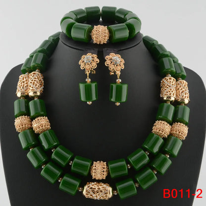 Elegant African Wedding Resin Beads Jewelry Set featuring a classic design necklace, earrings and bracelet for women, ideal for formal occasions.