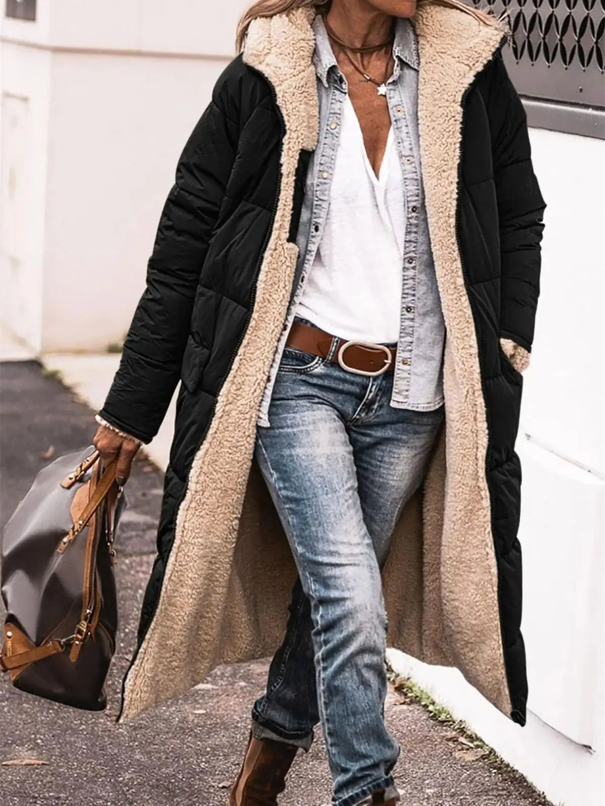 Chic Hooded Quilted Long Sleeve Jacket for Women, ideal for cold weather with its thick material and fashionable design.