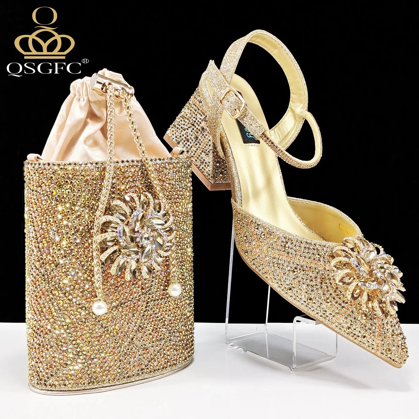 QSGFC Women's High Heels in elegant coffee colour, featuring a sophisticated pointed toe design with crystal embellishments, ideal for special occasions.