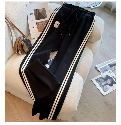 High-end women's autumn winter leisure two-piece sports set featuring wide leg pants and an embroidered coat in luxurious fabric.