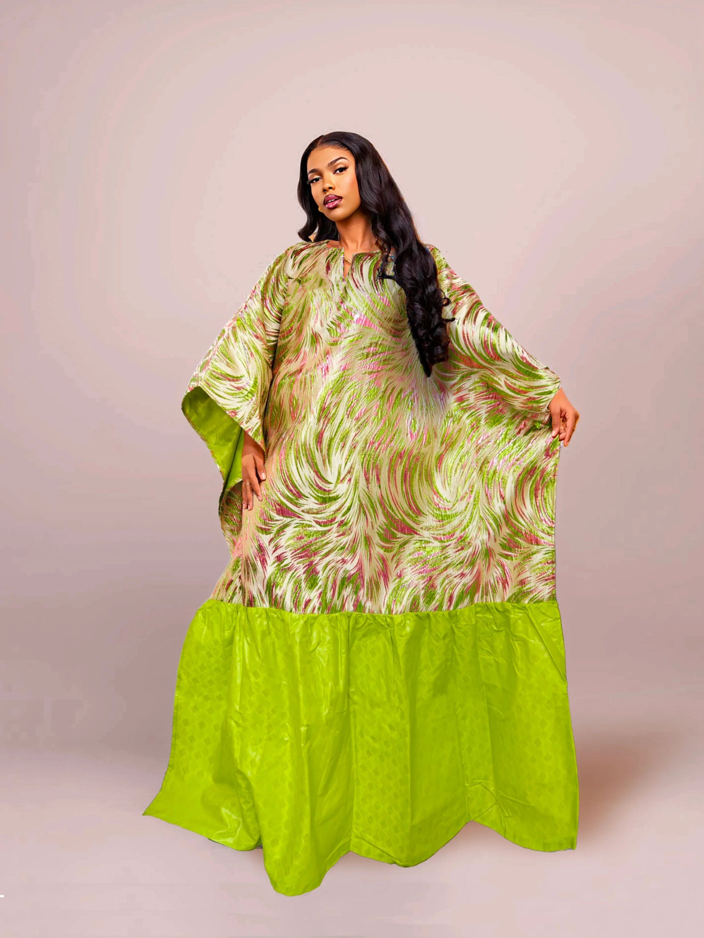Luxury African Women Brocade Boubou Dress elegantly designed for parties, featuring unique Bazin Riche decoration in rich green.