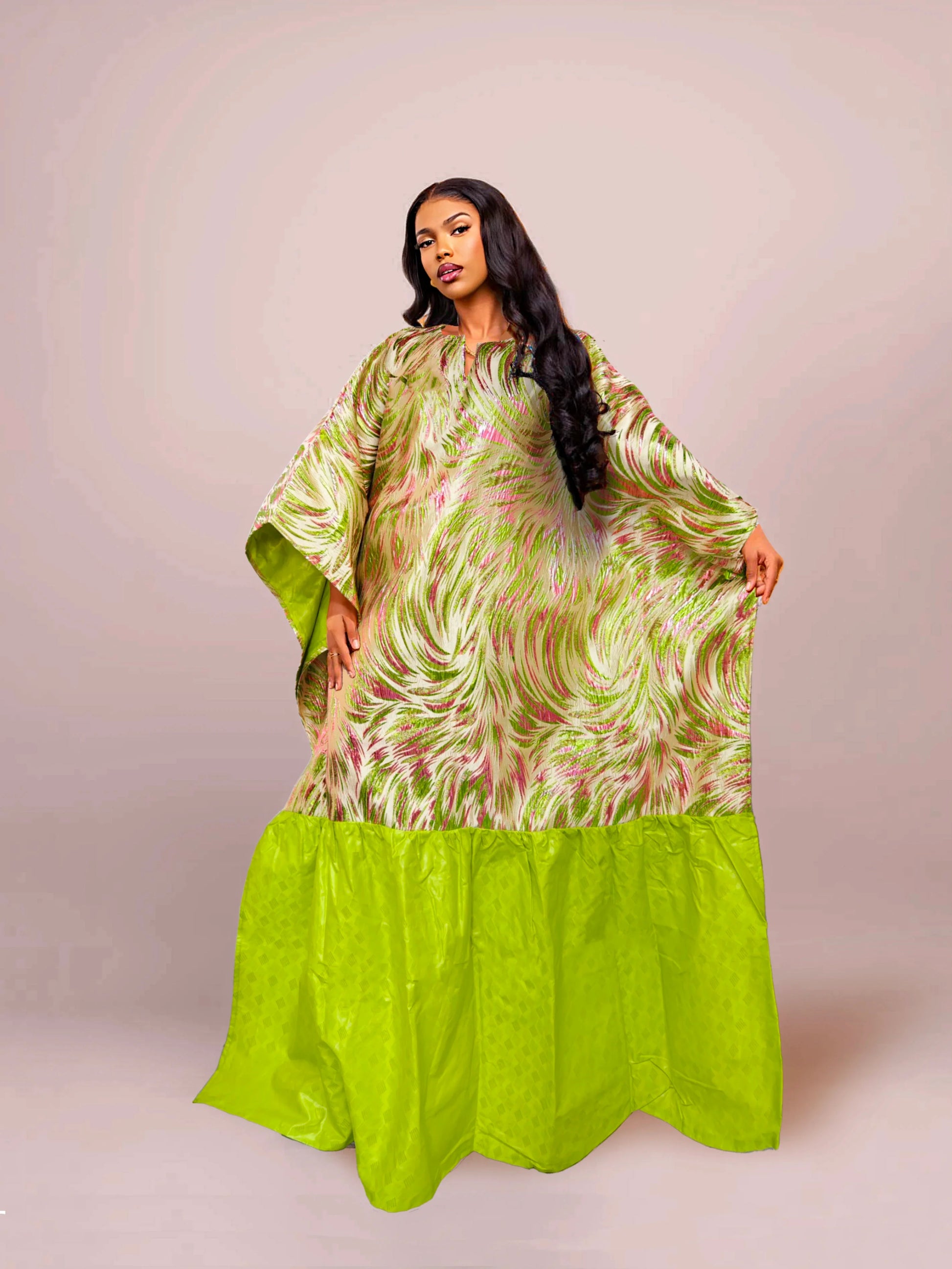 Luxury African Women Brocade Boubou Dress elegantly designed for parties, featuring unique Bazin Riche decoration in rich green.