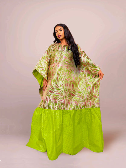 Luxury African Women Brocade Boubou Dress elegantly designed for parties, featuring unique Bazin Riche decoration in rich green.