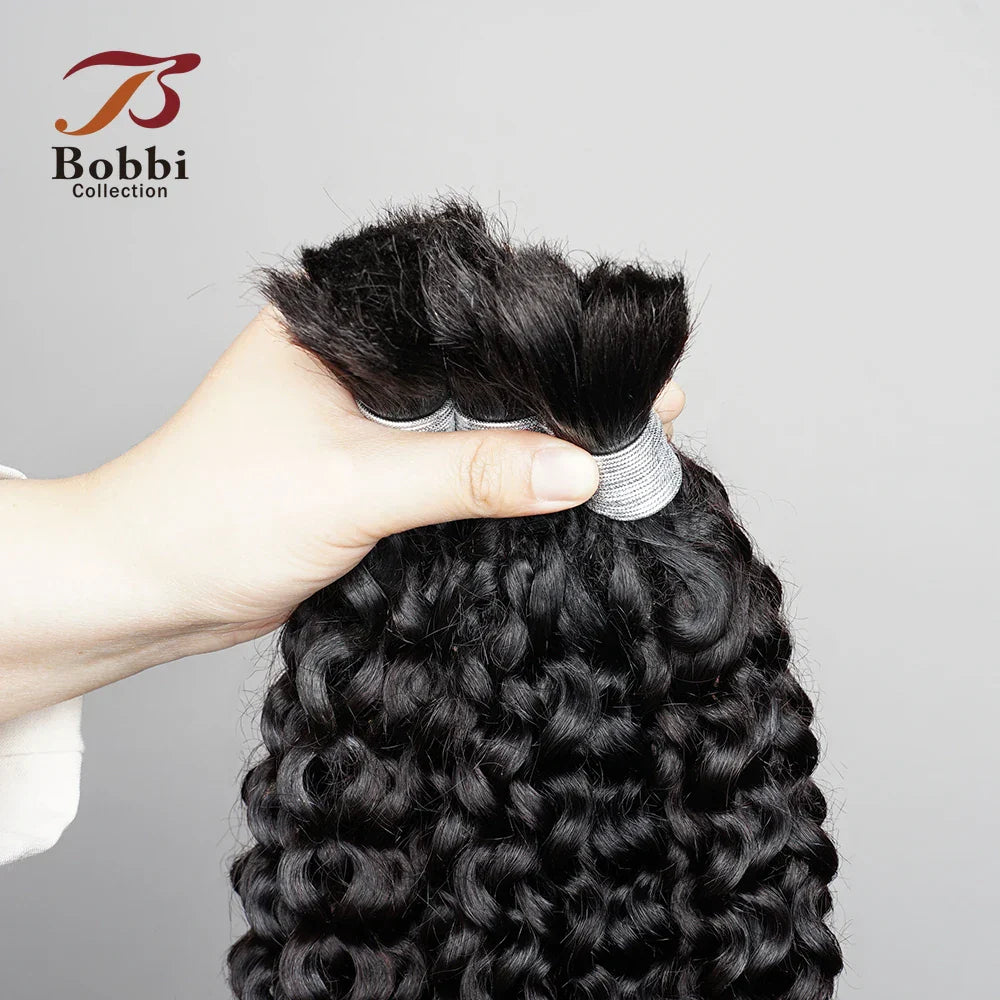Exquisite natural black jerry curly bulk hair extensions, made from 100% Indian Remy human hair, ideal for creating beautiful braids.