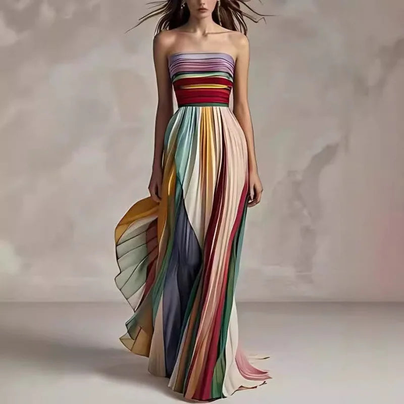 Glamorous view of the floor-length asymmetrical maxi dress showcasing a chic slash neck design, ideal for stylish summer wear.