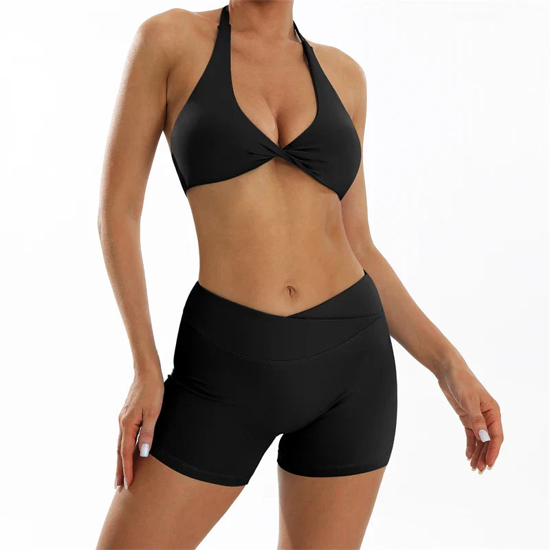 Stylish model wearing luxury butt lifting yoga shorts from the women's sports set, ideal for fitness and everyday wear.