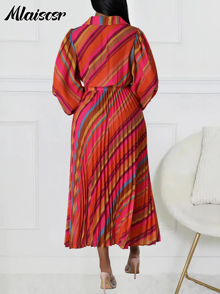 Mlaiscsr Striped Midi Dress displayed on a model, illustrating the timeless v-neckline and full-length sleeves, suited for middle-aged women desiring elegance and style.