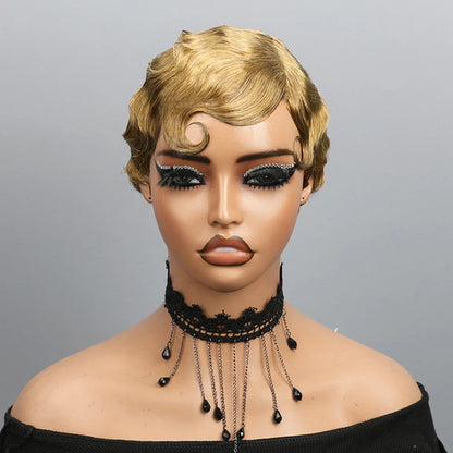 Detailed view of the Finger Wave Pixie Human Hair Wig, highlighting its soft curls and rich Brazilian Remy hair texture.