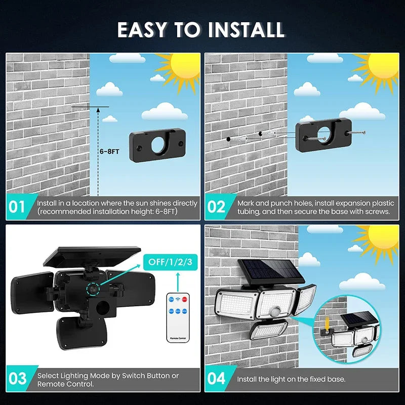 Discerning view of the solar-powered wall light's features, including IP65 protection level and premium ABS material for long-lasting outdoor use.