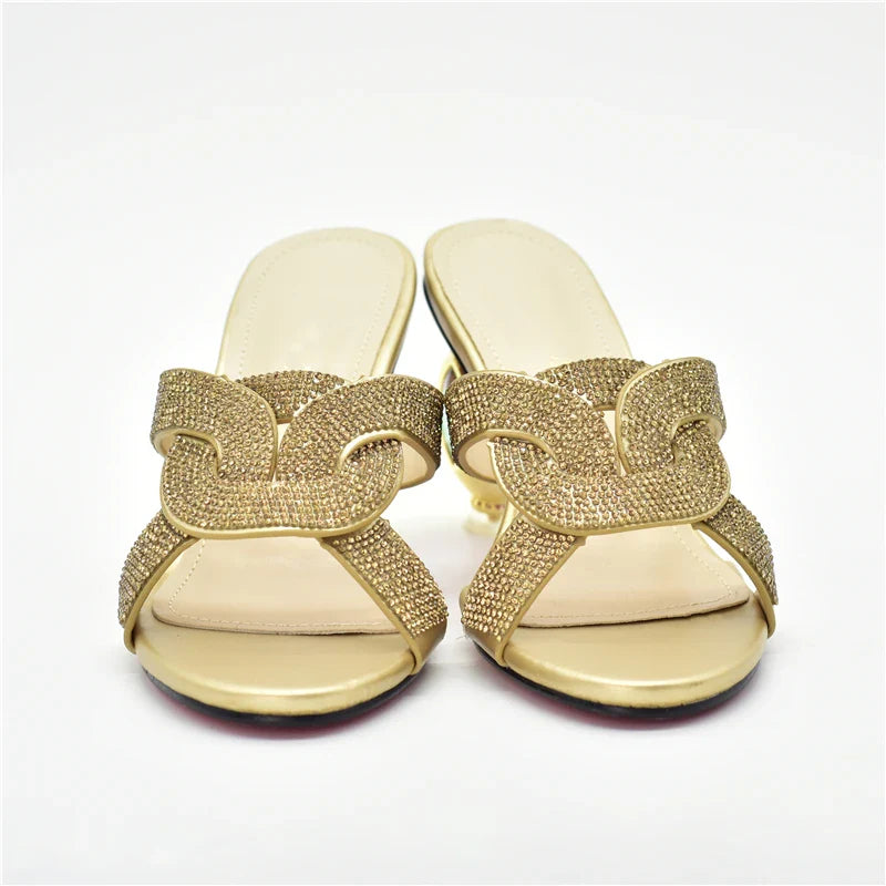 Close-up view of luxury Italian party shoes adorned with rhinestones, showcasing exquisite craftsmanship for women.