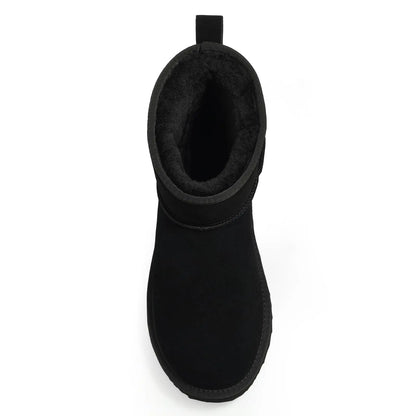 Stylish view of women's plush suede ankle snow boots showcasing the exquisite cow suede material and sleek silhouette.