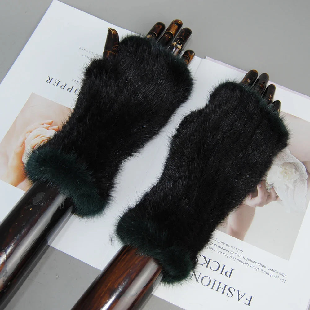 Elegant luxury women's half finger knitted gloves made of 100% genuine mink fur for stylish comfort while typing.