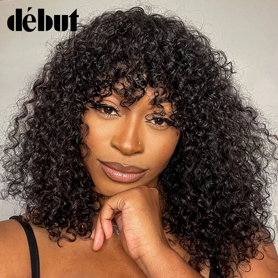 Close-up of the Jerry Curly Short Pixie Bob Cut Wig displaying delicate bangs and rich highlighted tones, capturing the elegance of premium Remy hair.