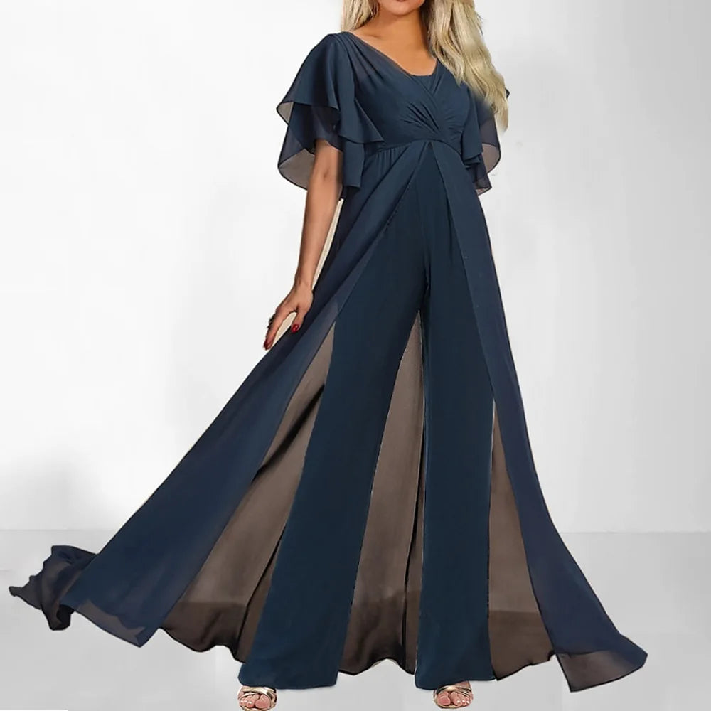 Elegant Bohemian V Neck High Waist Jumpsuit for Women, featuring a sophisticated ankle-length design and delicate short sleeves, perfect for summer outings.
