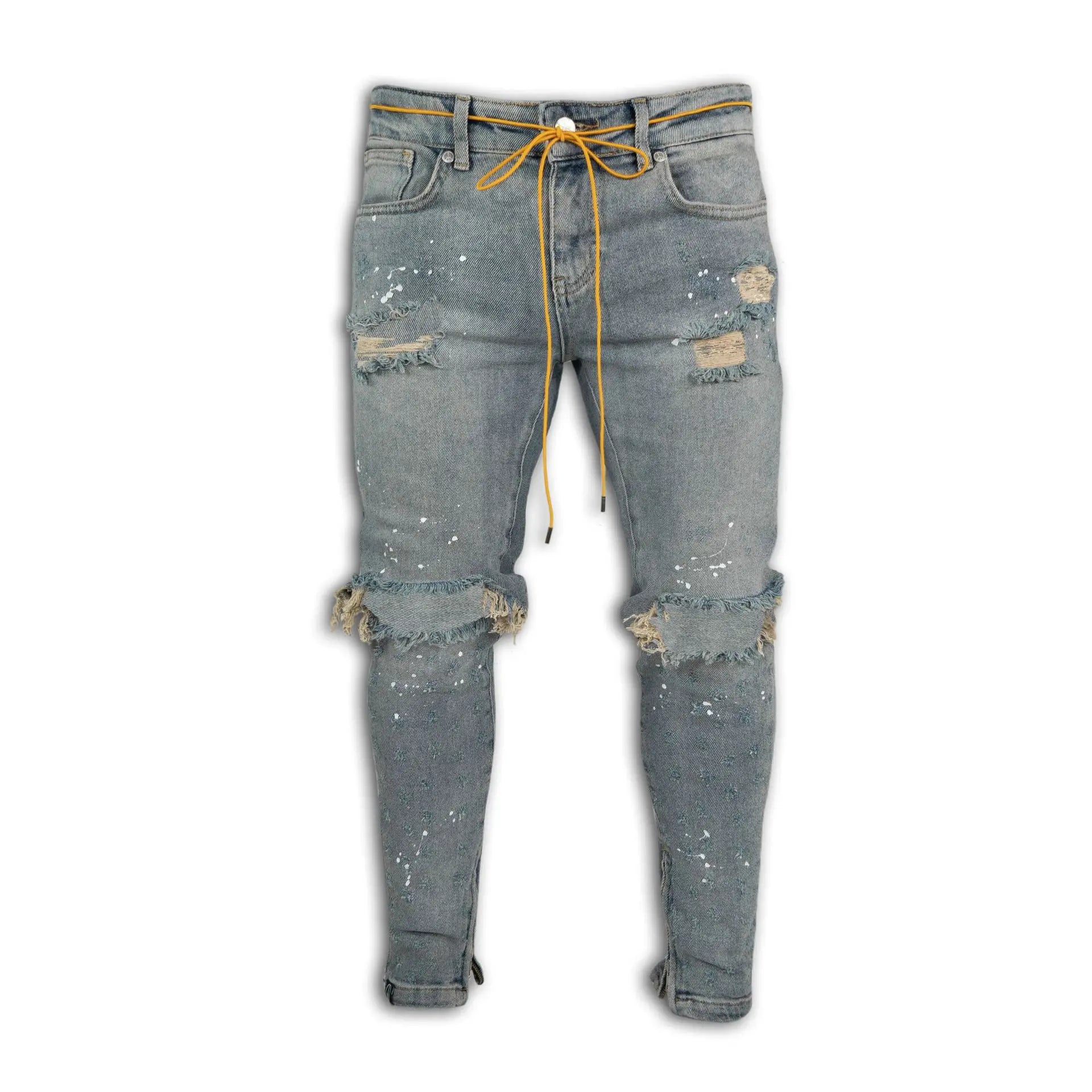 Fashionable jeans for men in a sleek pencil style, tailored for a modern casual wardrobe with high waist fit.