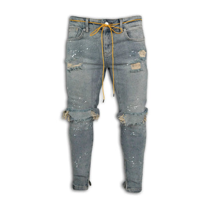 Fashionable jeans for men in a sleek pencil style, tailored for a modern casual wardrobe with high waist fit.