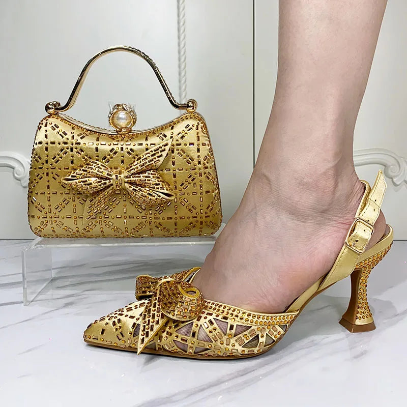 Elegant matching rhinestone handbag styled with Italian luxury pumps, ideal for a glamorous night out or wedding.