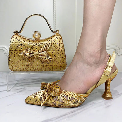 Elegant matching rhinestone handbag styled with Italian luxury pumps, ideal for a glamorous night out or wedding.